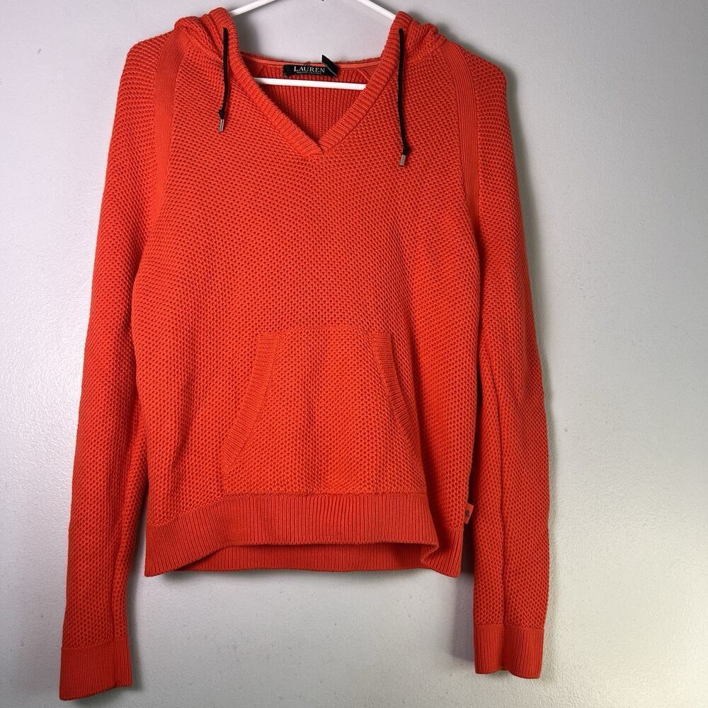 Lauren Ralph Lauren Hoodie Sweater Womens Sz M Waffle Knit Orange Kangaroo LRL